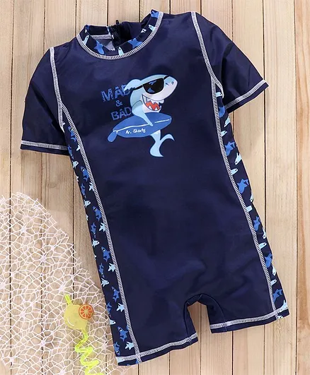 Babyhug Legged Swimsuit Shark Print - Blue