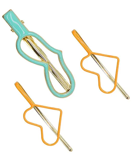 TMW Kids Heart Design Metal Coated Set Of 3 Hair Clips - Blue & Orange