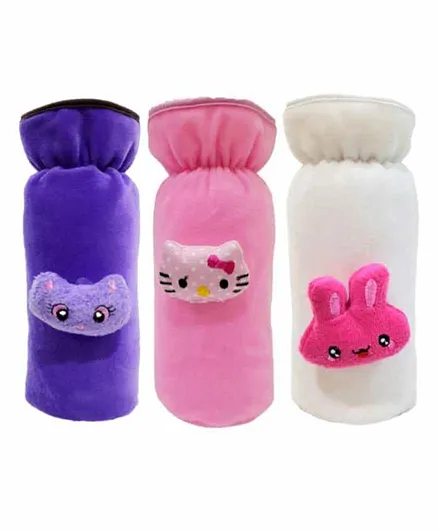 Brandonn Velvet Shearing Soft Bottle Cover With Motif White Purple Pink Pack of 3 - Fits up to 250 ml