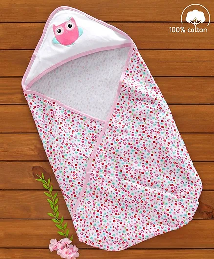 Babyhug 100% Cotton Hooded Wrapper Floral Print - Pink