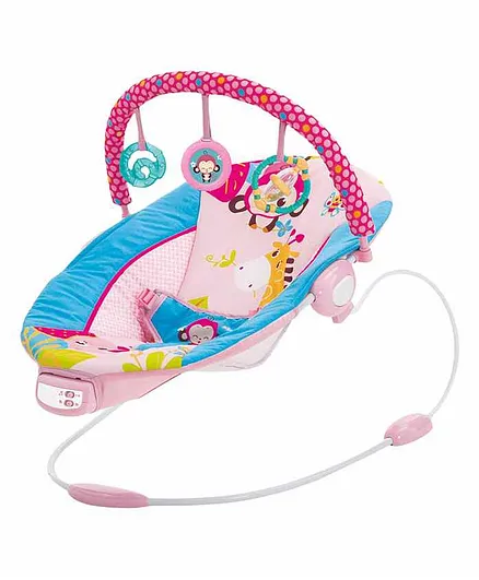 Mastela Musical Bouncer with Toy Bar Monkey & Giraffe Print - Pink Blue