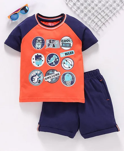 Babyhug Half Sleeves Tee with Shorts Let's Play Print - Orange Navy Blue