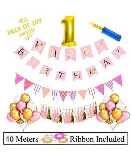 Amfin 1st Birthday Decoration Combo Pack of 109 - Pink