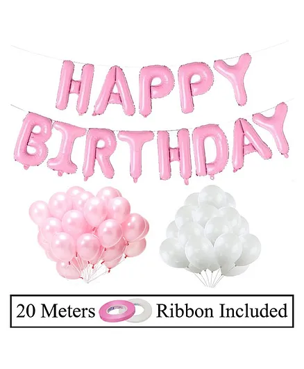 Amfin Happy Birthday Banner With Foil Balloon Decoration Combo Set Pink & White - Pack of 53