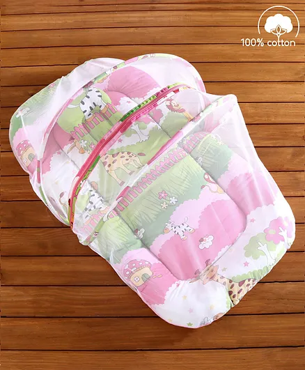 Babyhug Cotton Bedding Set with Mosquito Net Jungle Print - Pink