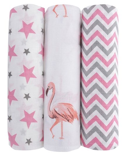 Haus Kinder Muslin Swaddle Wrappers Star Flamingo Print Pack