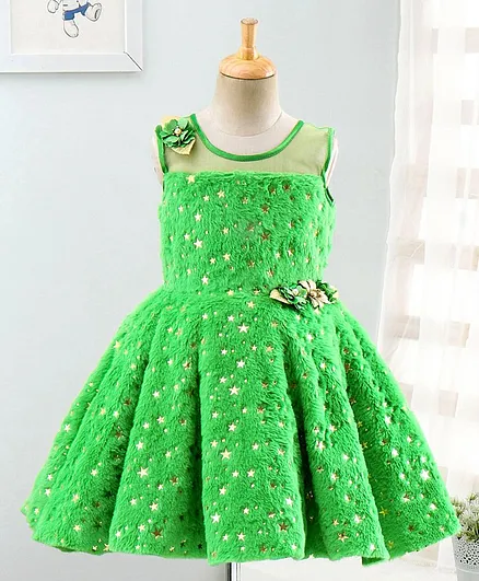 Enfance All Over Golden Stars Printed Sleeveless Flared Dress - Light Green