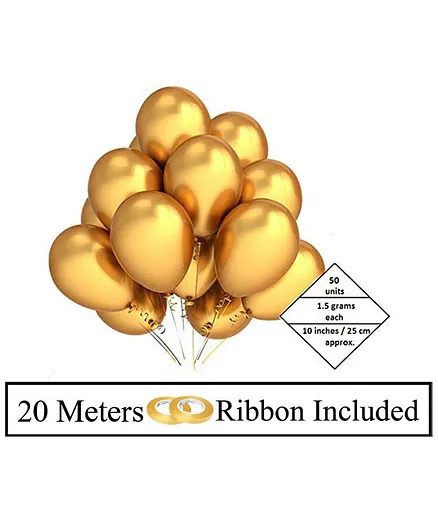 Amfin Metallic Latex Balloons & Ribbon Set Golden - Pack of 52