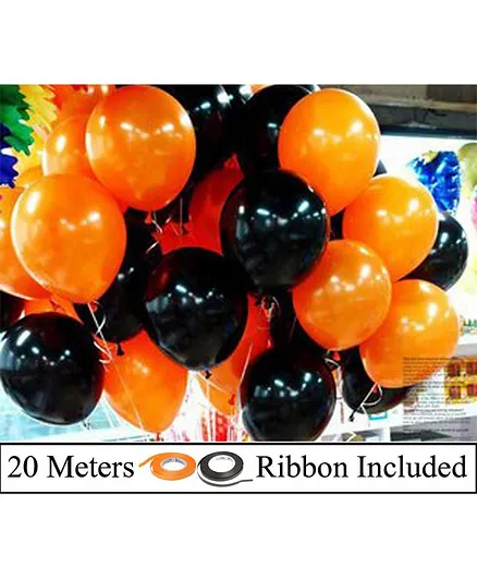 Amfin Metallic Latex Balloons & Ribbon Set Black Orange - Pack of 52