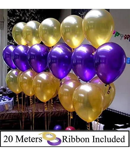 Amfin Metallic Latex Balloons & Ribbon Set Purple Golden - Pack of 52