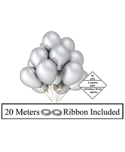 Amfin Metallic Latex Balloons & Ribbon Set Silver - Pack of 52