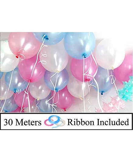 Amfin Metallic Latex Balloons With Ribbons Pack of 53 - White pink Blue