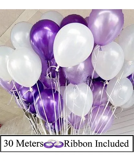 Amfin Metallic Latex Balloons With Ribbons Pack of 53 - White Purple