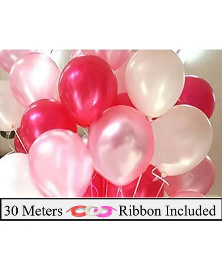 Amfin Metallic Latex Balloons With Ribbons Pink Red & White  - Pack of 53 