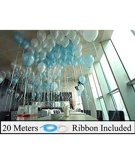 Amfin Metallic Latex Balloons With Ribbons Light Blue & White - Pack of 52 