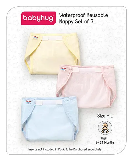 Babyhug Waterproof Nappy Large Size Set of 3 - Yellow Pink Blue