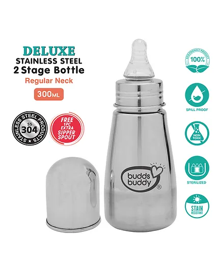 Buddsbuddy Deluxe Stainless Steel Regular Neck Baby Feeding Bottle with Extra  Sipper Spout - 300ml