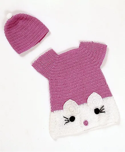USHA ENTERPRISES Kitten Design Short Sleeves Sweater Dress With Cap - Purple