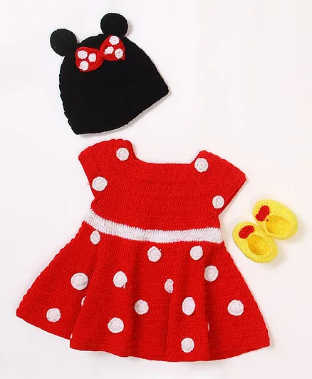 USHA ENTERPRISES Short Sleeves Polka Dot Crochet Embroidered Sweater Dress With Cap & Booties - Red