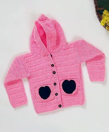 USHA ENTERPRISES Full Sleeves Heart Patch Hooded Sweater - Pink