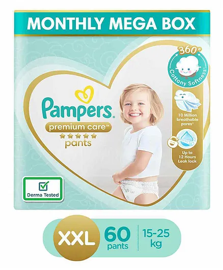 Pampers Premium Care Pants, Double Extra Large size baby diapers (XXL), 60 Count, Softest ever Pampers pants