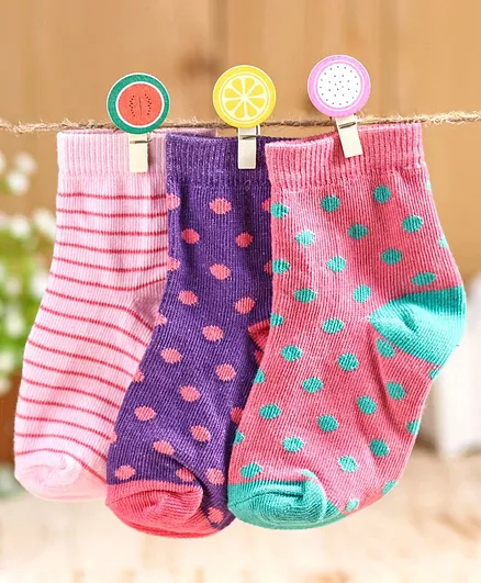 Cute Walk by Babyhug Non Terry Anti Bacterial Ankle Length Socks Pack of 3 - Pink Purple