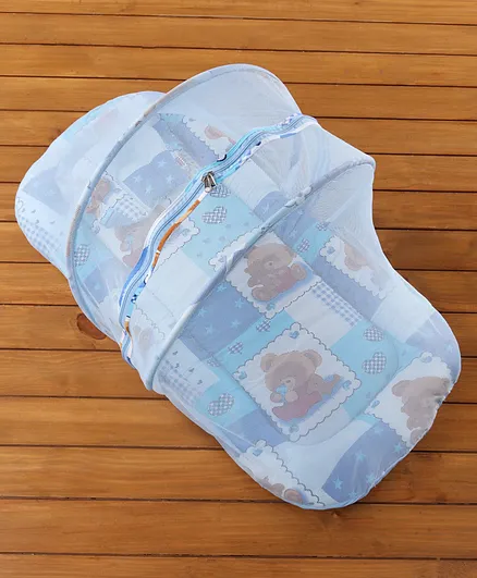 Babyhug Teddy Print Baby Bedding Set with Mosquito Net  -  Blue