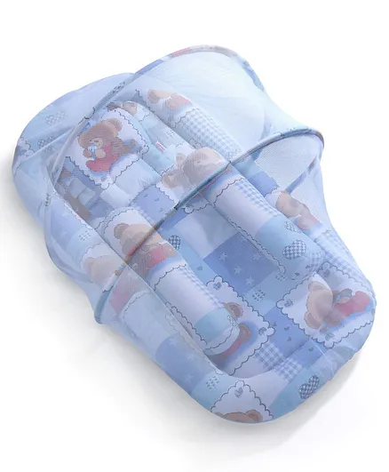 Babyhug Teddy Print Baby Jumbo Bedding Set With Mosquito Net - Blue