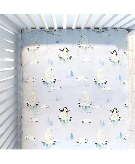 Fancy Fluff Organic Cot Bed Sheet  Penguin Print - Blue