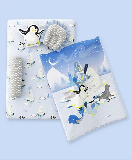 Fancy Fluff Organic Cotton 6 Piece Baby Bed Set Penguin Print - Blue