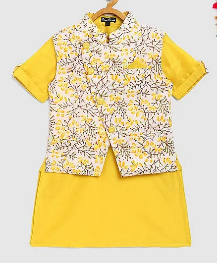 Silverthread Half Sleeves Kurta With Floral Print Jacket - Yellow