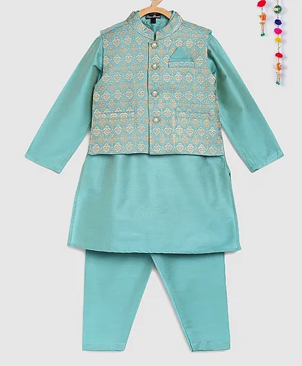 Silverthread Solid Full Sleeves Kurta With Brocade Jacket & Pyjama - Blue