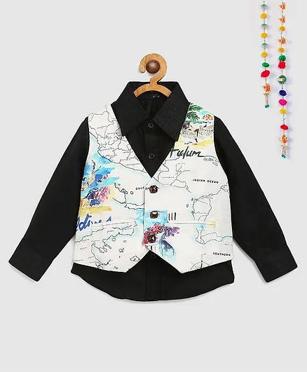 Silverthread Full Sleeves Shirt With Map Print Waist Coat - Black
