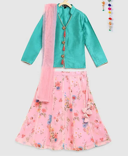 Silverthread Full Sleeves Choli With Floral Print Lehenga With Net Dupatta - Sea Green & Pink