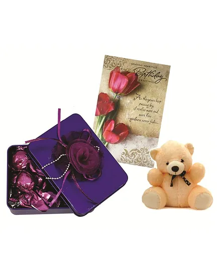 Skylofts Rectangular Tin Chocolate Box with Teddy Bear & Birthday Card Gift Set - Multicolor
