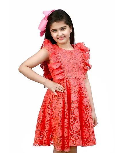 KIDSDEW All Over Flower Embroidered Cap Sleeves Dress - Peach