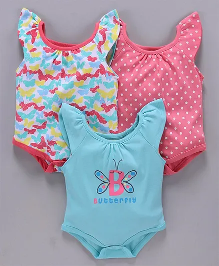 Babyhug Cotton Cap Sleeves Onesies Butterfly & Dot Print Pack of 3 - Pink Blue