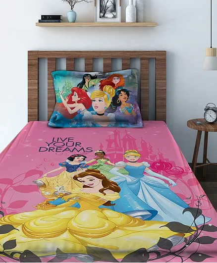 Athom Trendz Cotton Single Bedsheet with Pillow Cover Disney Princess Print - Multicolor