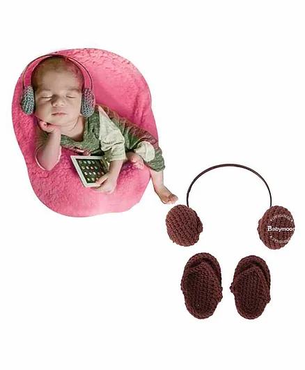 Babymoon Mock Headphones & Slippers for New Born Baby Photography - Brown