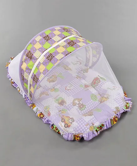 Mee Mee Baby Mattress Set With Mosquito Net And Pillow Vehicle Print - Purple