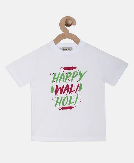 BownBee Happy Waili Holi Printed Half Sleeves T-Shirt - White