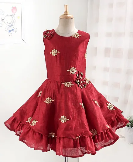Enfance Embroidered Sleeveless Fit & Flare Dress - Maroon