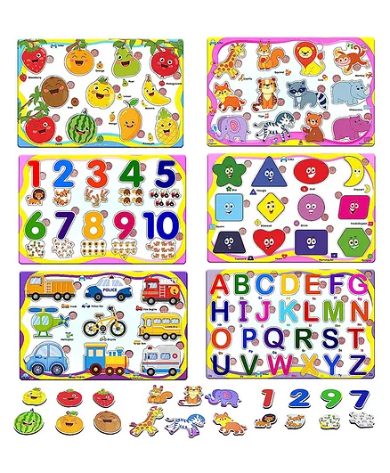 FunBlast Set of 6 Puzzles Wooden Puzzle for Kid -ABC, 123, Fruits, Numbers, Animals, Vehicles