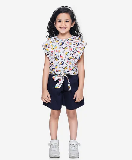 Lilpicks Couture Bird Print Ruffle Short Sleeves Top With Belted Shorts Set - White
