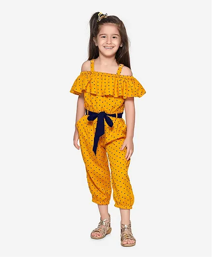 Lilpicks Couture Short Sleeves Cold Shoulder Polka Dot Print Jumpsuit - Yellow