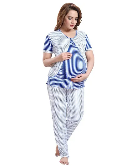 Fabme Half Sleeves Striped Maternity Night Suit - Blue
