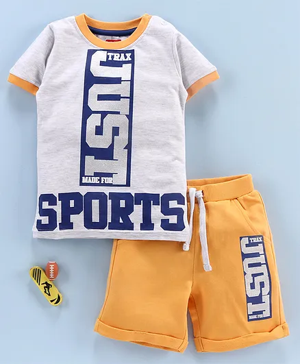 Babyhug Half Sleeves Knitted Tee & Shorts Sports Print - Grey Yellow