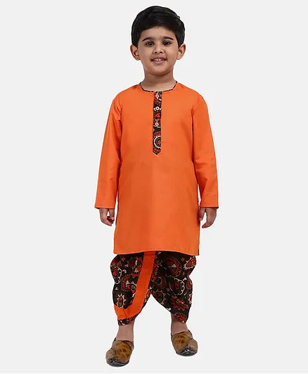 BownBee Full Sleeves Kurta & Printed Dhoti - Orange