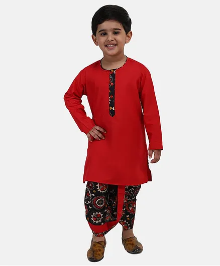 BownBee Full Sleeves Kurta & Printed Dhoti - Red