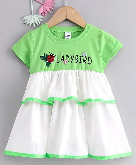 Meng Wa Short Sleeves Layered Frock Ladybird Print - White Green